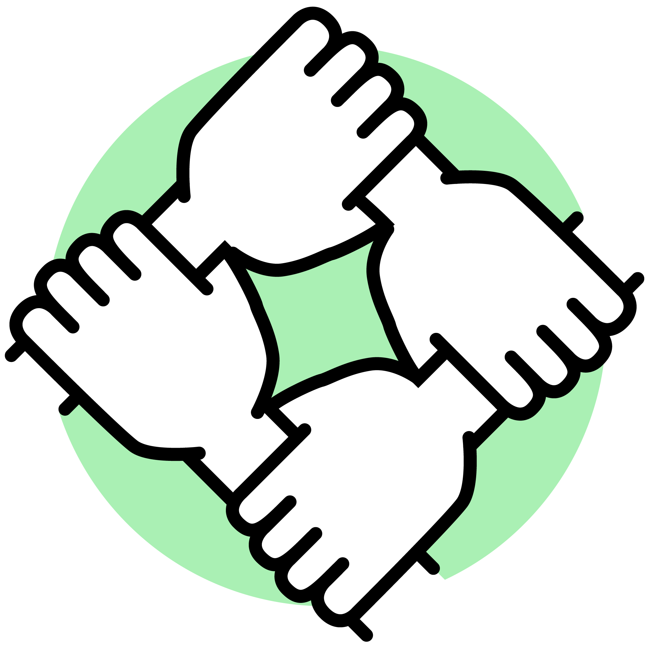 Illustration: Vier Hände, die einander am Handgelenk greifen in weiß auf grünem Hintergrund